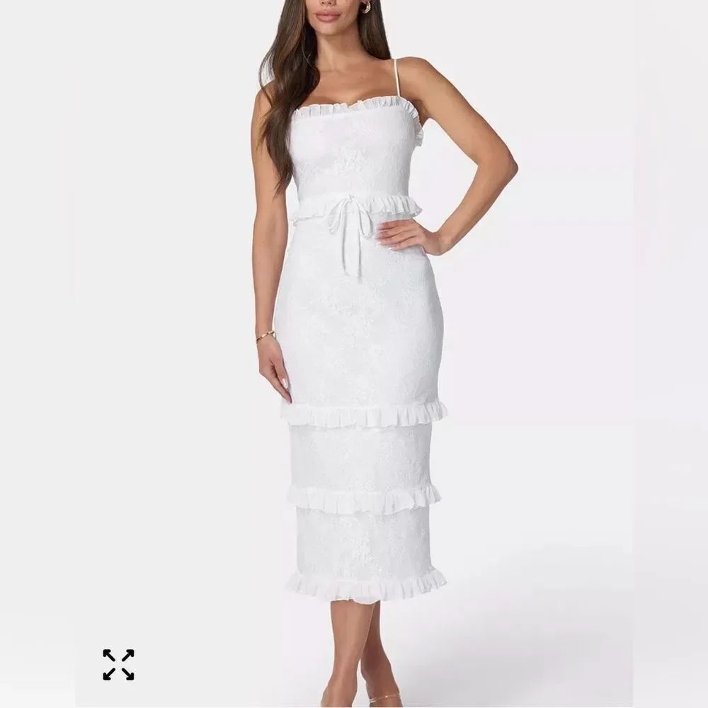 bebe White Floral Lace Midi Dress Women's Tiered Ruffle S NWT